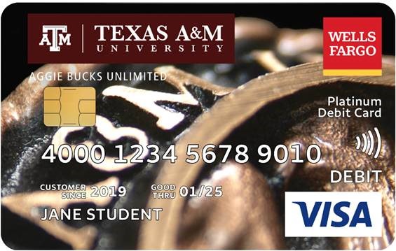 A picture design of the aggie bucks unlimited debit card